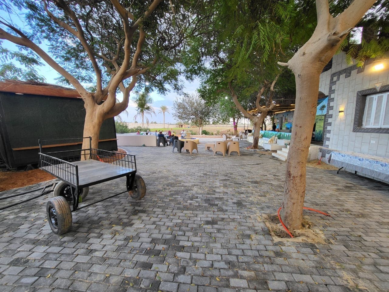 The farm courtyard with a traditional wooden cart